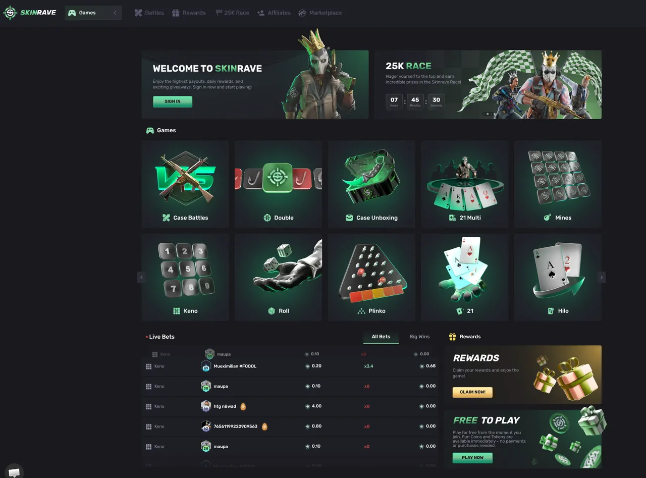SkinRave homepage in August 2026 — Case Battles, Double, Case Unboxing, 21, Mines, Keno, Roll, Plinko and Hilo, with the 25K Race and live bets feed