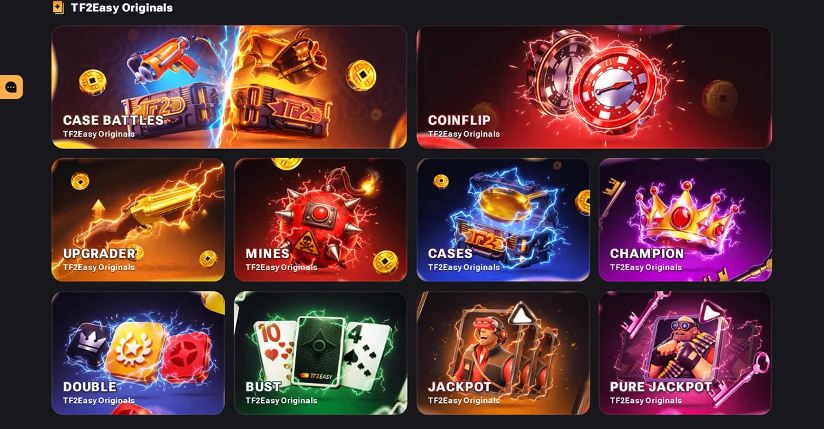 TF2Easy game modes overview including cases, case battles, jackpot and coinflip