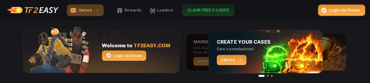 TF2Easy lobby showing the main Team Fortress 2 gambling game modes and chat