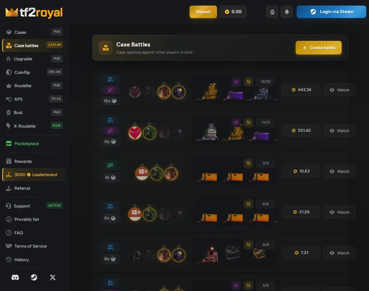 TF2Royal game selection showing case battles, coinflip, upgrader and roulette modes
