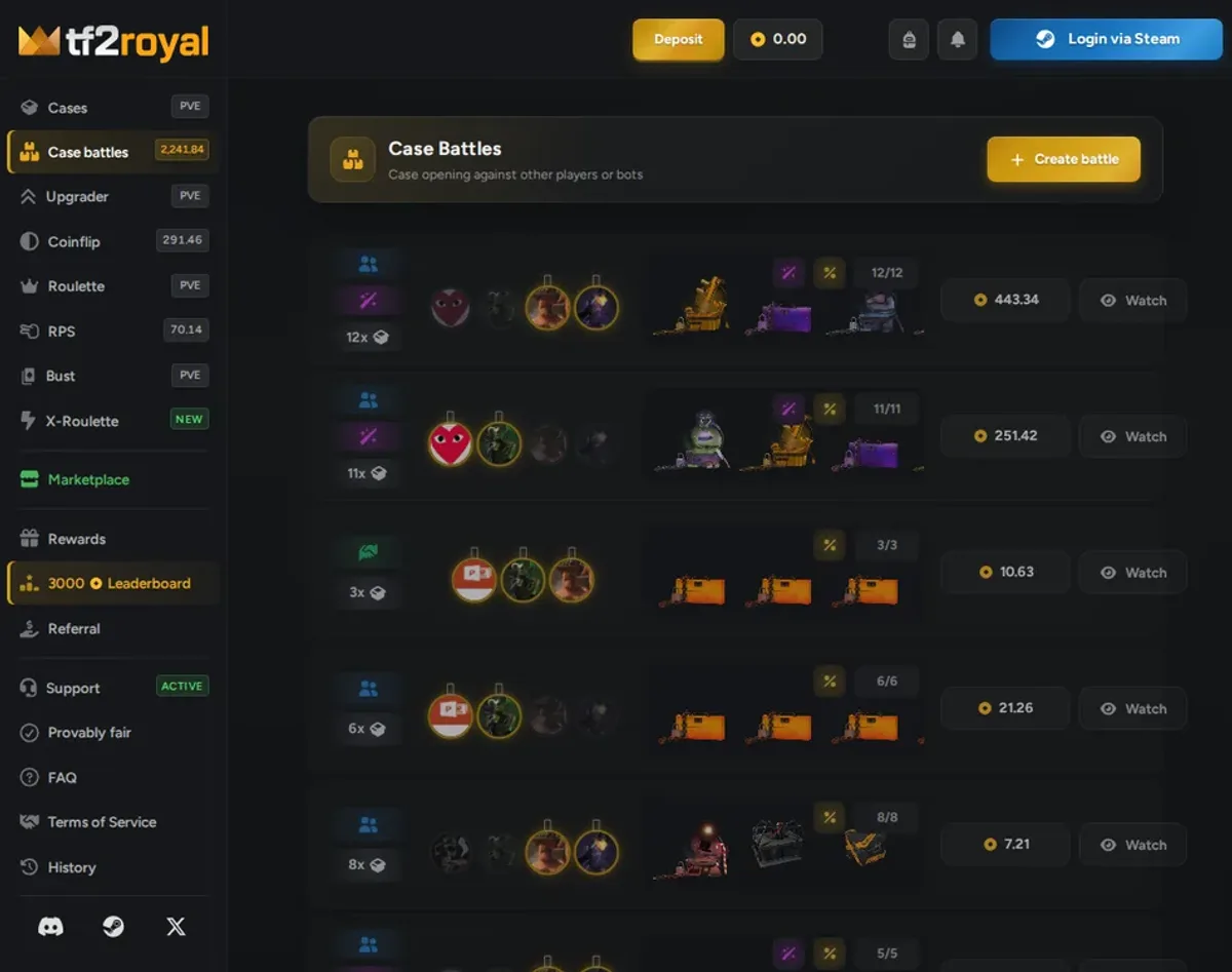 TF2Royal homepage hero showing the Team Fortress 2 skin gambling site branding