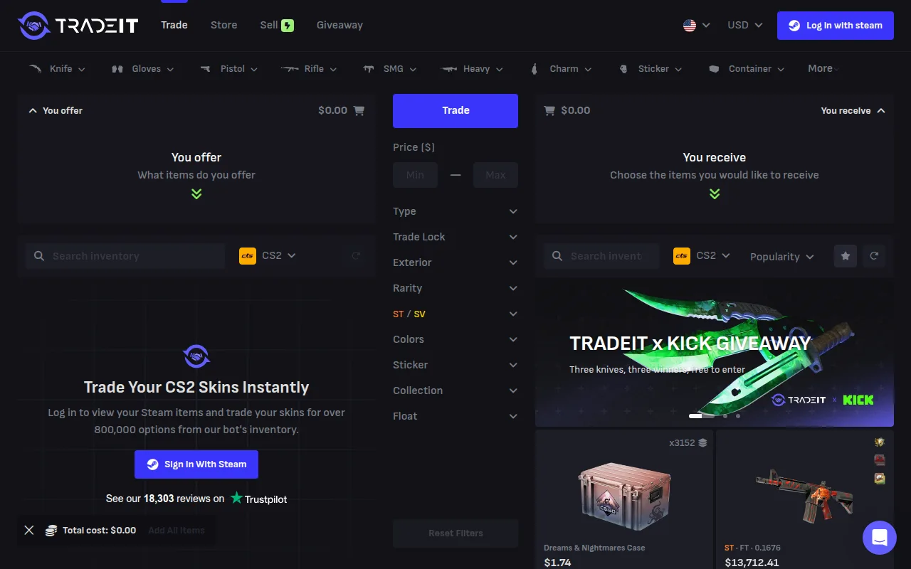 The Tradeit trade page, logged out, with You offer and You receive panels, the Trade button, filters from Trade Lock to Float, and CS2 items from the bots' inventory