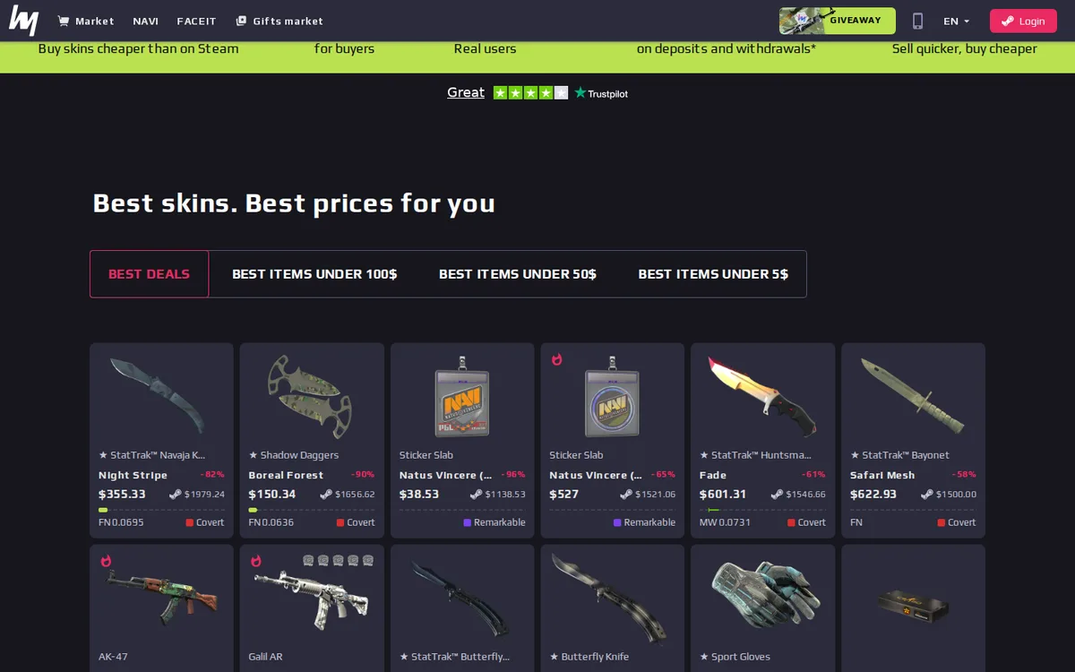 White.Market CS2 skins listings and low-fee marketplace interface
