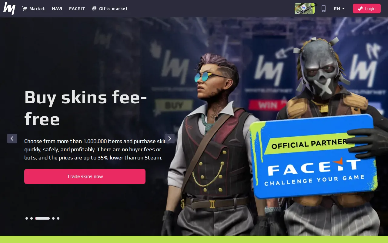The White.Market homepage, logged out, with Buy skins fee-free, no buyer fees or bots, and a FACEIT official partner banner