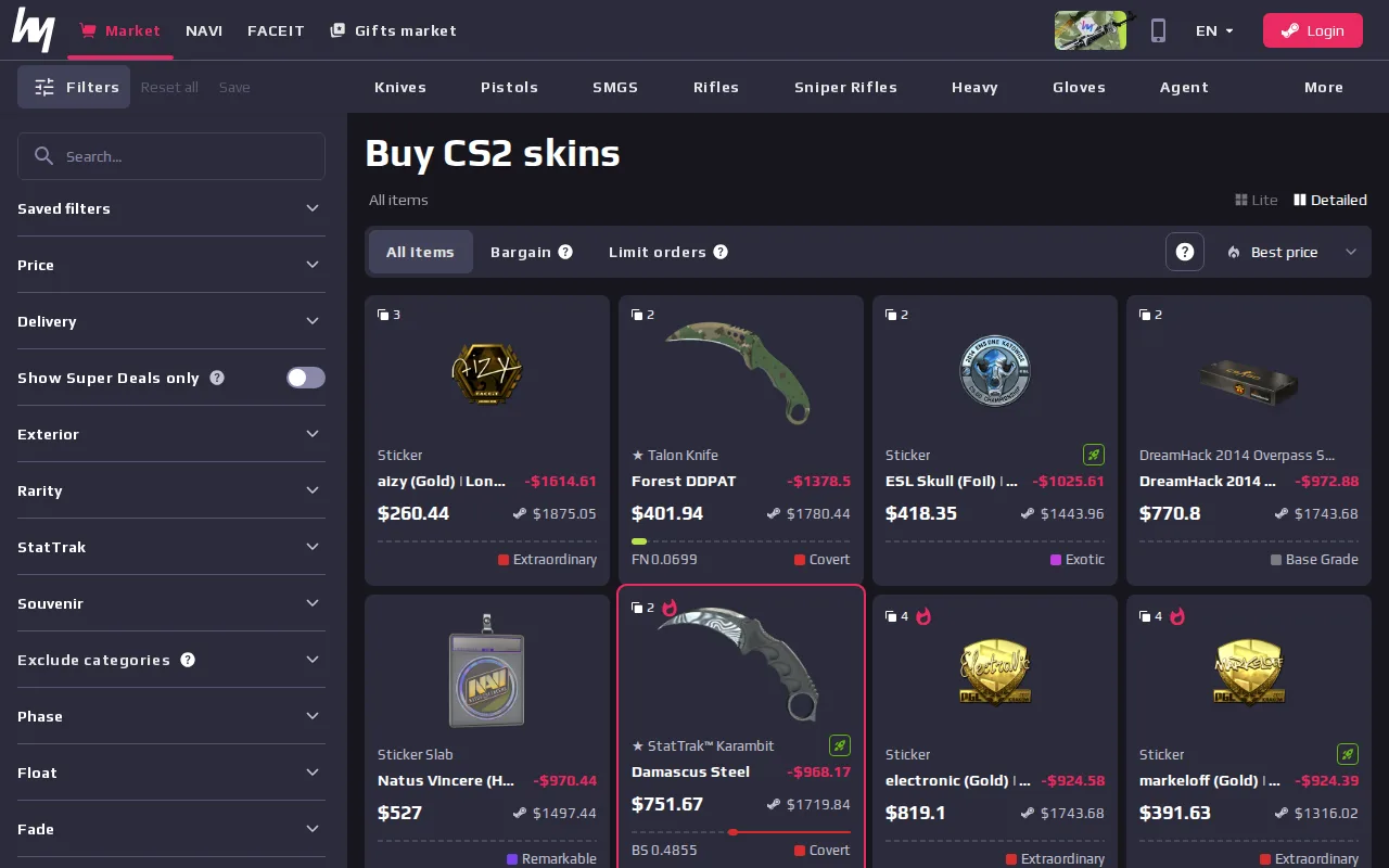 The White.Market CS2 market, logged out, with filters, the Bargain and Limit orders tabs, and each item's price next to its Steam price