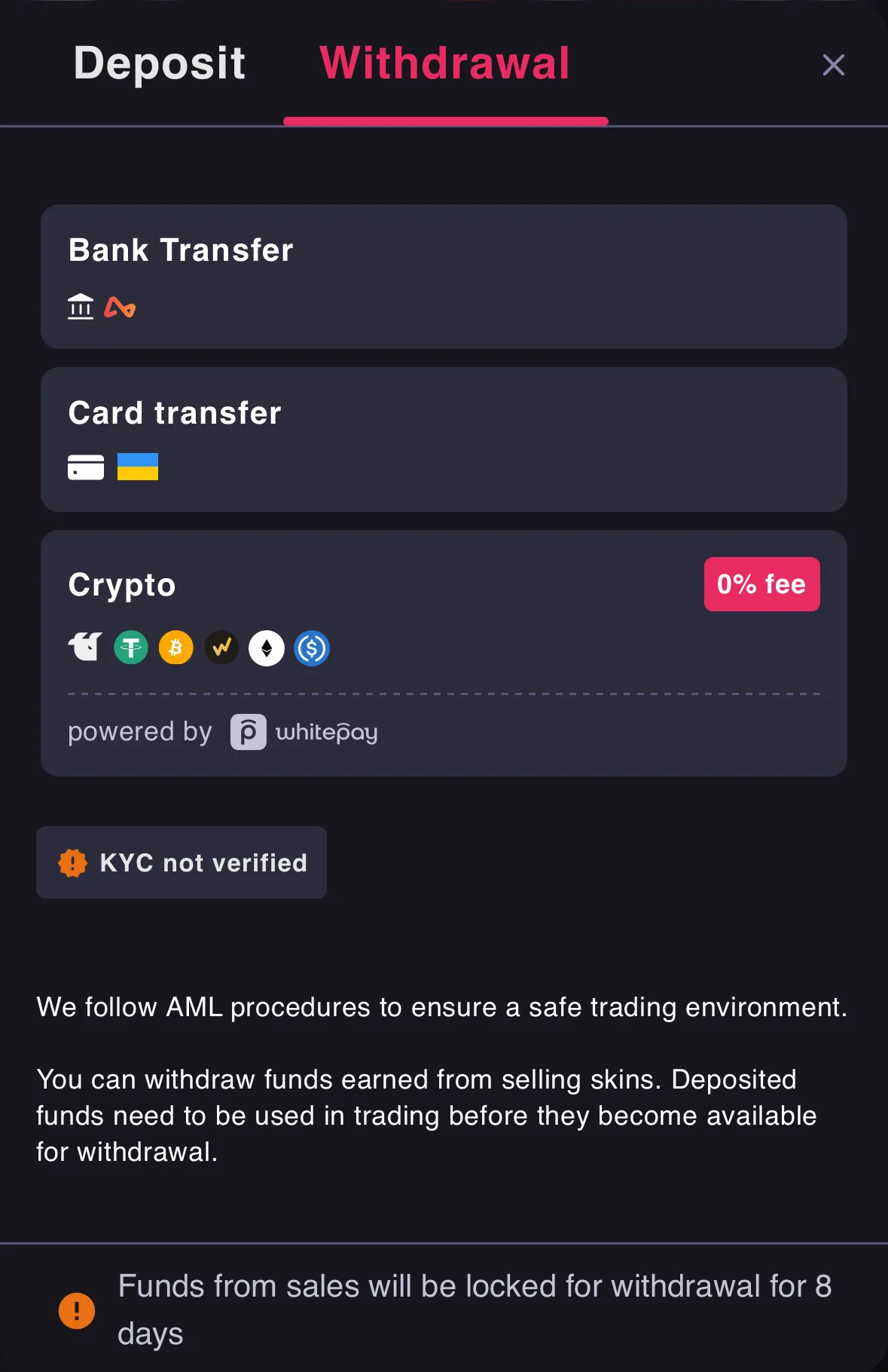 The White.Market withdrawal screen with Bank Transfer, Card transfer and Crypto at a 0% fee powered by Whitepay, a KYC not verified badge, and the rule that deposited funds must be traded before withdrawal